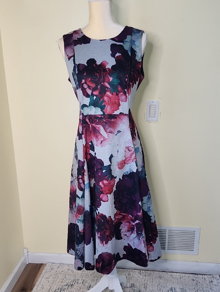 Calvin Klein Gray Vibrant Floral Dress Midi Size 10